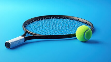 Tennis racket, ball on blue studio background, sport equipment, advertisement