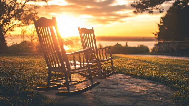 Empty outdoor rocking chairs at coastal summer sunrise - Powered by Adobe