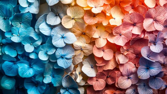 Vibrant display of colorful hydrangea flowers arranged in a gradient pattern, showcasing nature's beauty