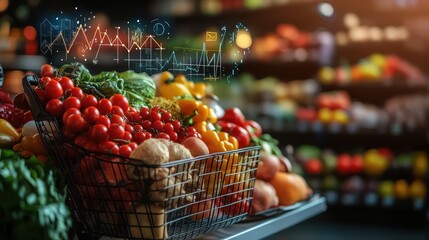 Grocery shopping cart filled with fresh produce, market background, sales chart overlay