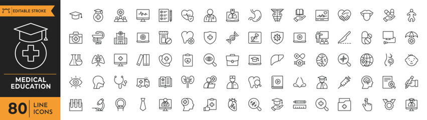 Medical Education icon set. Containing Medicine, college, student, learning, book, and more. Editable stroke. Vector illustration