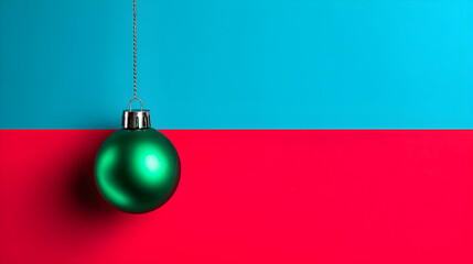 Green Christmas Ornament Hanging Against Vibrant Blue and Red Background