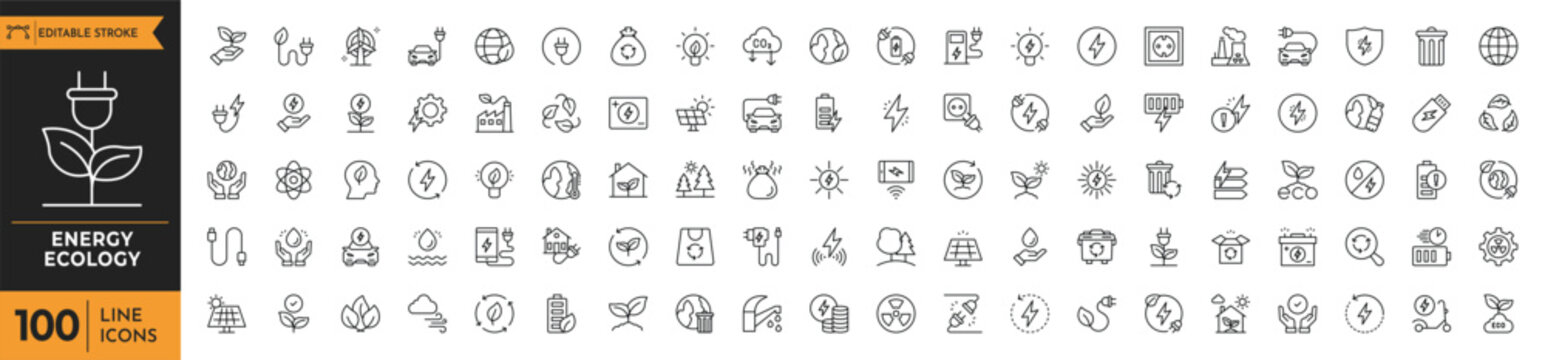 Ecology energy outline icon set. Containing renewable energy, ecology, green electricity, and more. Editable stroke. Vector illustration