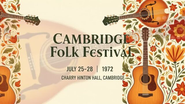 Animated Cambridge Folk Festival 1972 Vintage Poster with Guitars Mandolins and Floral Decor