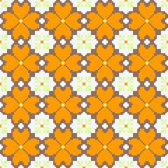 Rich seamless pixel art pattern featuring traditional geometric motifs and elegant vertical stripes in deep red and gold. Perfect for textiles, crafts, wrapping paper, home decor, and digital prints.