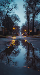 A captivating urban street scene in a mysterious city on the eclipse, with sparkling ice rinks and rain-soaked sidewalks under dark, atmospheric skies.