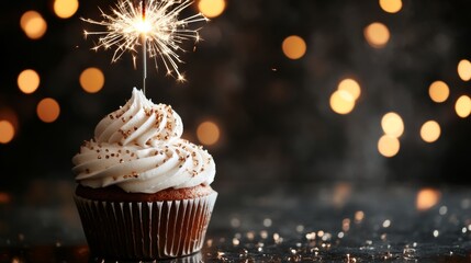 Chocolate cupcakes with buttercream frosting and sparklers on top, festive birthday celebration dessert setup with glowing bokeh lights in the background





