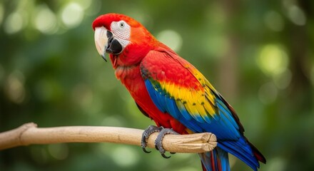 Obraz premium A vibrant red, blue, and yellow macaw parrot is perched on a wooden branch with a blurred green natural background
