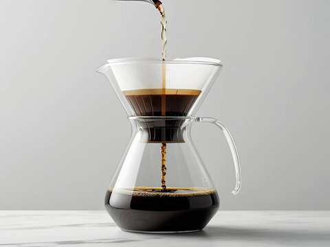 The coffee brewing process uses a pour over tool made of transparent glass and aesthetic coffee drops in making manual coffee.