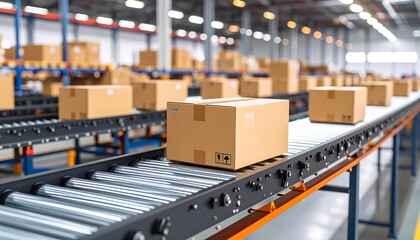 Cardboard boxes on conveyor belt in warehouse