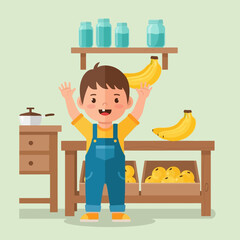 Cartoon Boy Reaching Up in Kitchen with Fruit and Jars