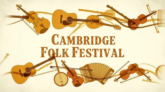 Animated Cambridge Folk Festival Banner with Dynamic Swirling Arrangement of Folk Instruments