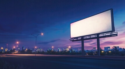 Blank billboard at twilight over a city.