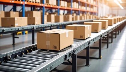 Cardboard boxes on conveyor belts in a warehouse
