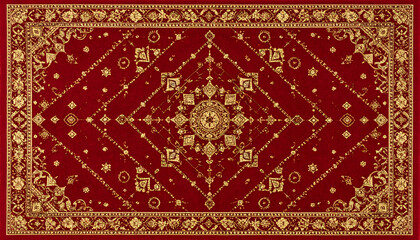 Intricate Red and Gold Carpet with Detailed Floral and Geometric Patterns