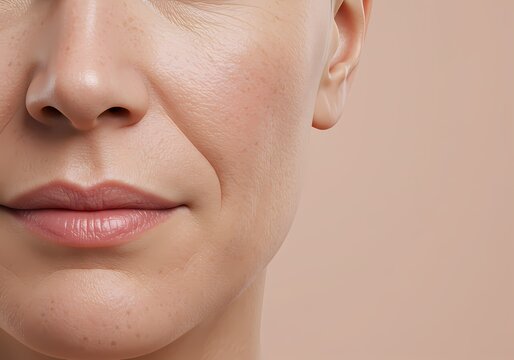 Detailed close-up of a mature woman's lower face, showing nasolabial fold, smooth lips, and realistic skin texture under natural lighting. Ideal for skincare or dermatology content.