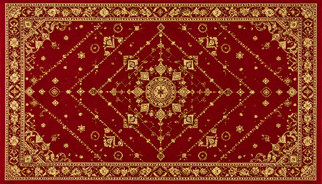 Fototapeta Intricate Red and Gold Carpet with Detailed Floral and Geometric Patterns