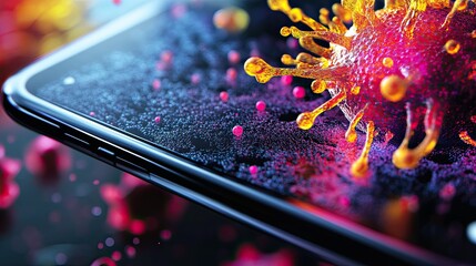 Close-up view of a smartphone screen displaying a dynamic representation of a virus.