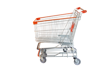 Aluminum sleek empty supermarket shopping cart with shiny metallic isolated on cut out PNG or transparent background. Show modern design and functionality. Transporting large quantities of goods.
