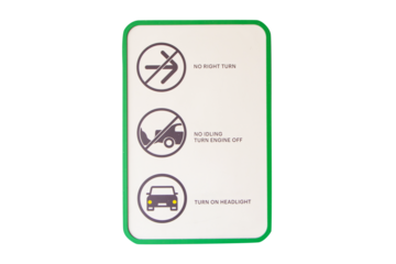 Sign letters and symbols white plastic NO RIGHT TURN, NO IDLING TURN ENGINE OFF, TURN OFF HEADLIGHT Isolated on cut out PNG or transparent background. That must be respected road restricts freedom.