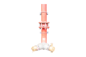 Pipe of red color fire fighting or tap water sprinkler supply pipeline system isolated on cutout PNG or transparent background. Industrial applications. Stand by for fire emergency accident for safety
