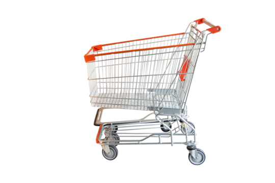 Aluminum sleek empty supermarket shopping cart with shiny metallic isolated on cut out PNG or transparent background. Show modern design and functionality. Transporting large quantities of goods.
