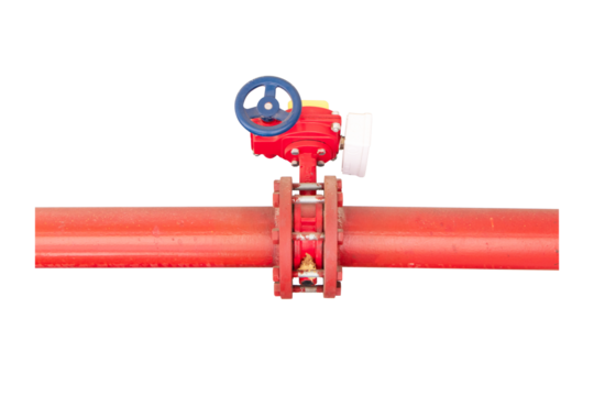Pipe of red color fire fighting or tap water sprinkler supply pipeline system isolated on cutout PNG or transparent background. Industrial applications. Stand by for fire emergency accident for safety