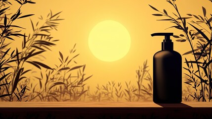 Empty pump bottle on a wooden surface at sunset.