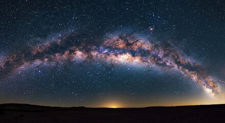 The Milky Way arches across a dark night sky, illuminated by countless stars and cosmic dust above a distant horizon.
