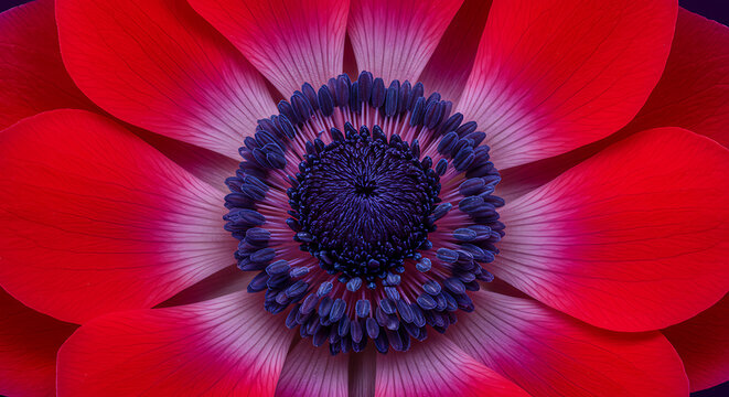 Close-up of a vibrant red Anemone flower with a dark blue center - Powered by Adobe