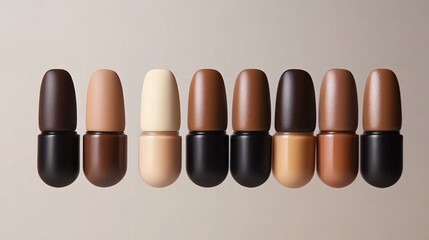 Diverse skin tone foundation bottles in a row, beauty and inclusivity