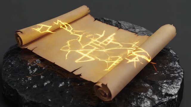 Ancient scroll with glowing symbols on a dark stone