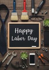 Happy Labor day on black chalkboard, wallpaper, Happy Labor day background, Flat lay of construction blue collar handy tools and white collar's accessories over wooden background, background