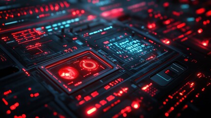 Red glowing digital interface, data processing, futuristic server room, background activity, tech concept