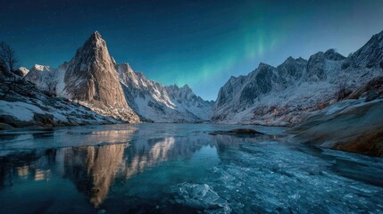 Snowy Mountain Peaks Over Frozen Lake At Night