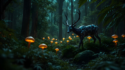 Cyberforest Night Robotic Deer Feeding Glowing Ferns AI Sensor Mushrooms Moonlit Shadows