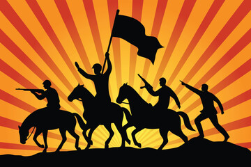 Revolutionary battle scene vector illustration with soldiers on horseback holding flag against sunburst background