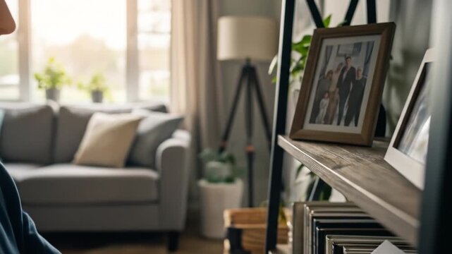 Person arranging framed family photos on a shelf in a cozy living room, creating a nostalgic display