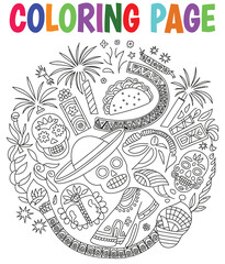 Viva México Floral Sugar Skull Coloring book Page – Day of the Dead Line Art Design, Día de los Muertos Cactus and Flowers Art, Fiesta Mexico Calavera Printable dia de la independencia lineart print