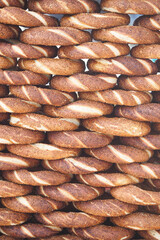 Delicious turkish simit stacked high at a bakery
