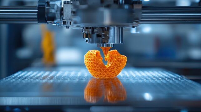 3D printer creating orange lattice object in factory