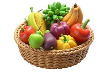 Wicker basket filled with fresh colorful fruits and vegetables isolated on transparent background