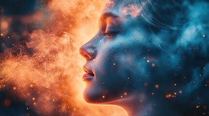 Woman, smoke, fire, profile, fantasy, portrait, digital art, background, sparks, album cover