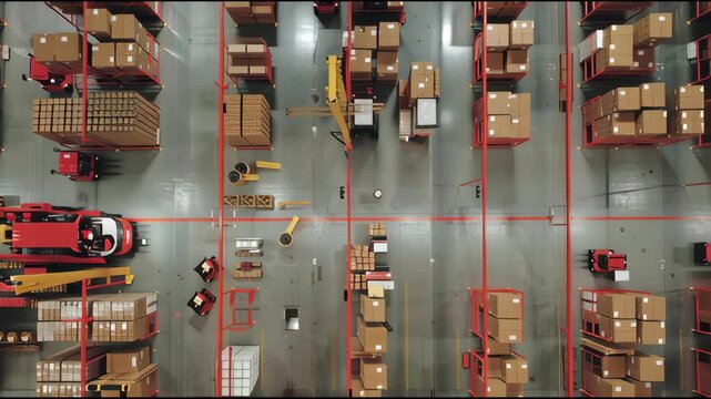 Aerial Cinematic Exploration of Busy Warehouse Floor with Vibrant Red Forklifts Optimizing Pallet Distribution