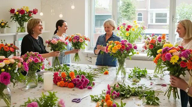 Group of women arranging vibrant flowers in a workshop