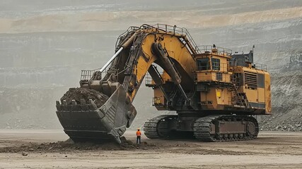 Heavy machinery operating in a mining site with worker