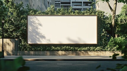 Blank billboard on a city street lined with greenery.