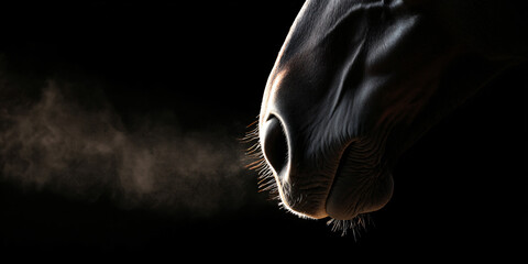 Black Horse Closeup Dark Silhouette Portrait Animal Profile Breath Steam Face Muzzle Whiskers Nature Emotional Expression Majestic Silence Stability Powerful Graceful Beauty Rural Landscape Wildlife