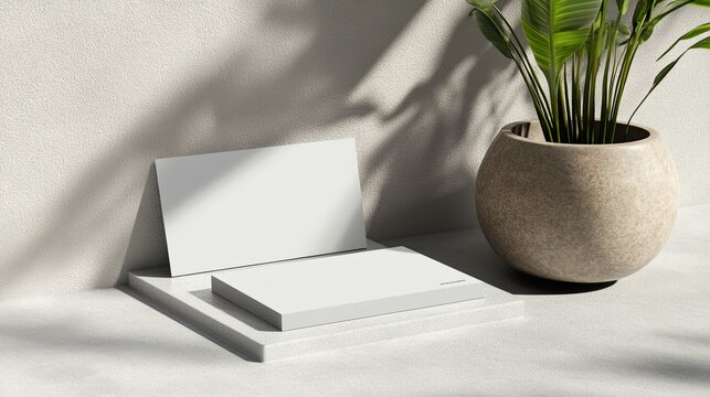 Blank business cards and notepad on a tiered display.