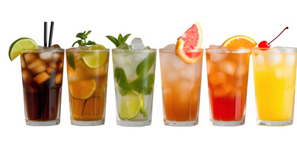 Assortment of refreshing cocktails with fruit garnish on black background
